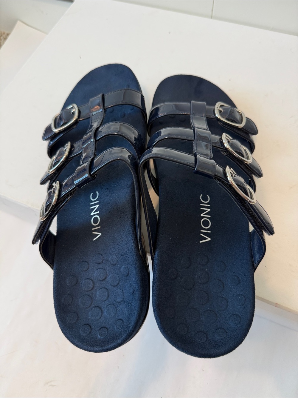 Vionic Women's Navy Triple Buckle Patent Slide Sandal